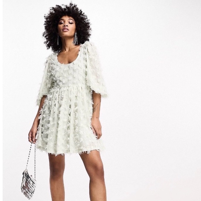 Sister Jane Cream Eyelash Textured Puff Sleeve V-Neck Mini Dress Xs